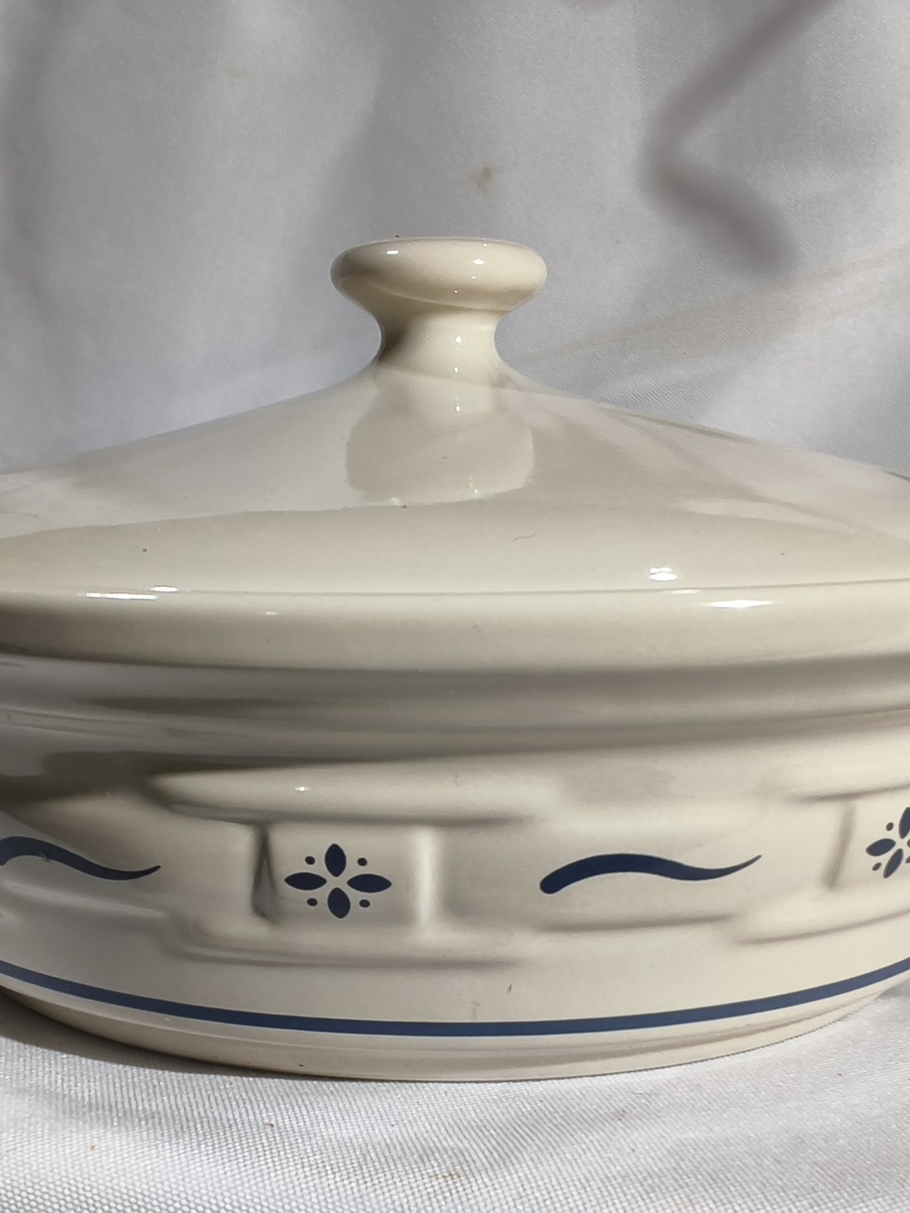 Longaberger Cream Ceramic Covered Casserole with Blue Accents